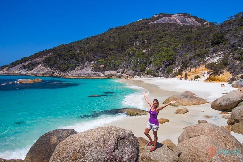 Albany, Western Australia (35) (1) woman standing on a boulder on the beach