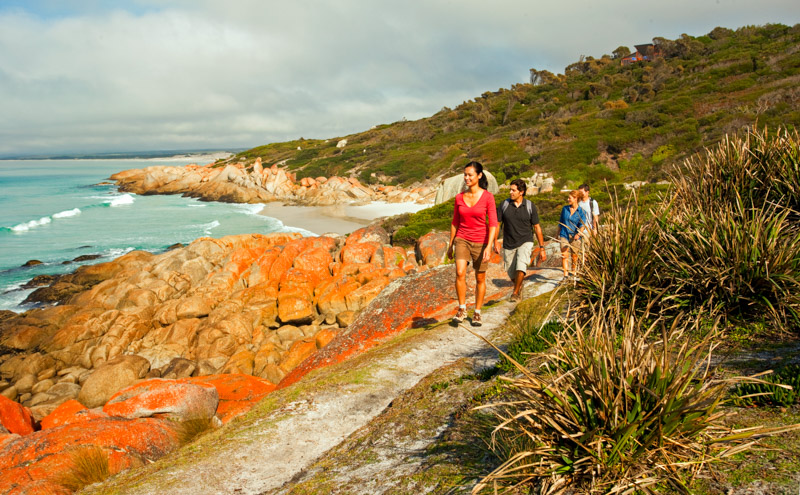 people walking on trail beside orange rocks and ocean