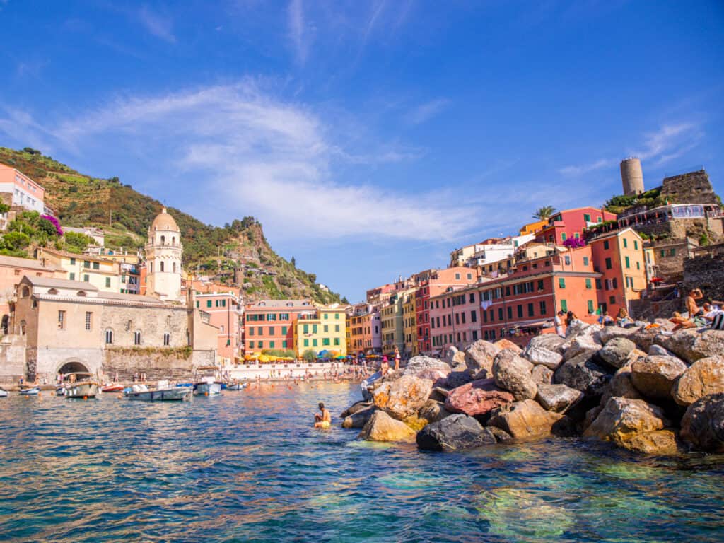 looking at colored buldings of vernazza from shore