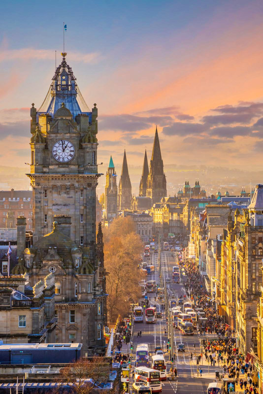 Old town Edinburgh city skyline. Cityscape in Scotland at sunset